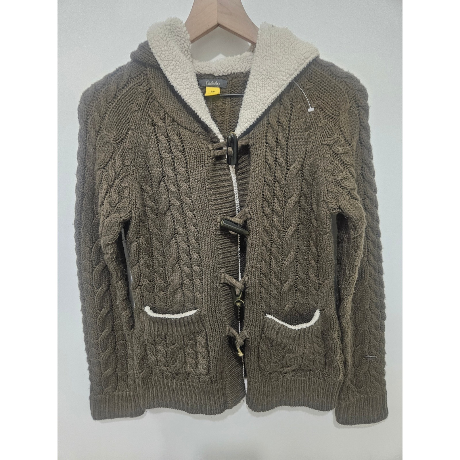 Cabelas Womens Olive Green Cable Knit Sherpa Lined Hooded Toggle Cardigan Small